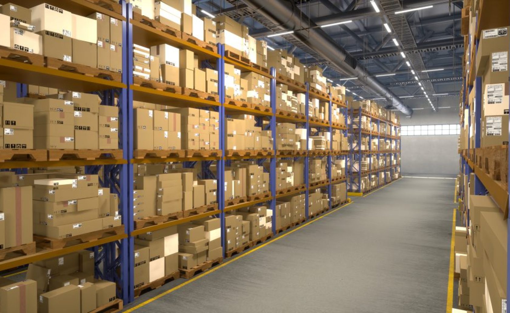 Vast storage building full of products placed on industrial racks with tag